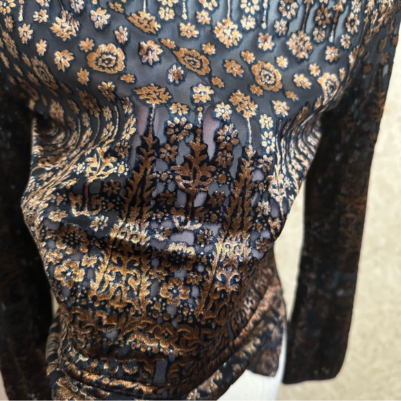 VTG Y2K 2000s Brown Tone Bronze Sheer See Through Velvet Floral Burnout Top - Picture 4 of 7